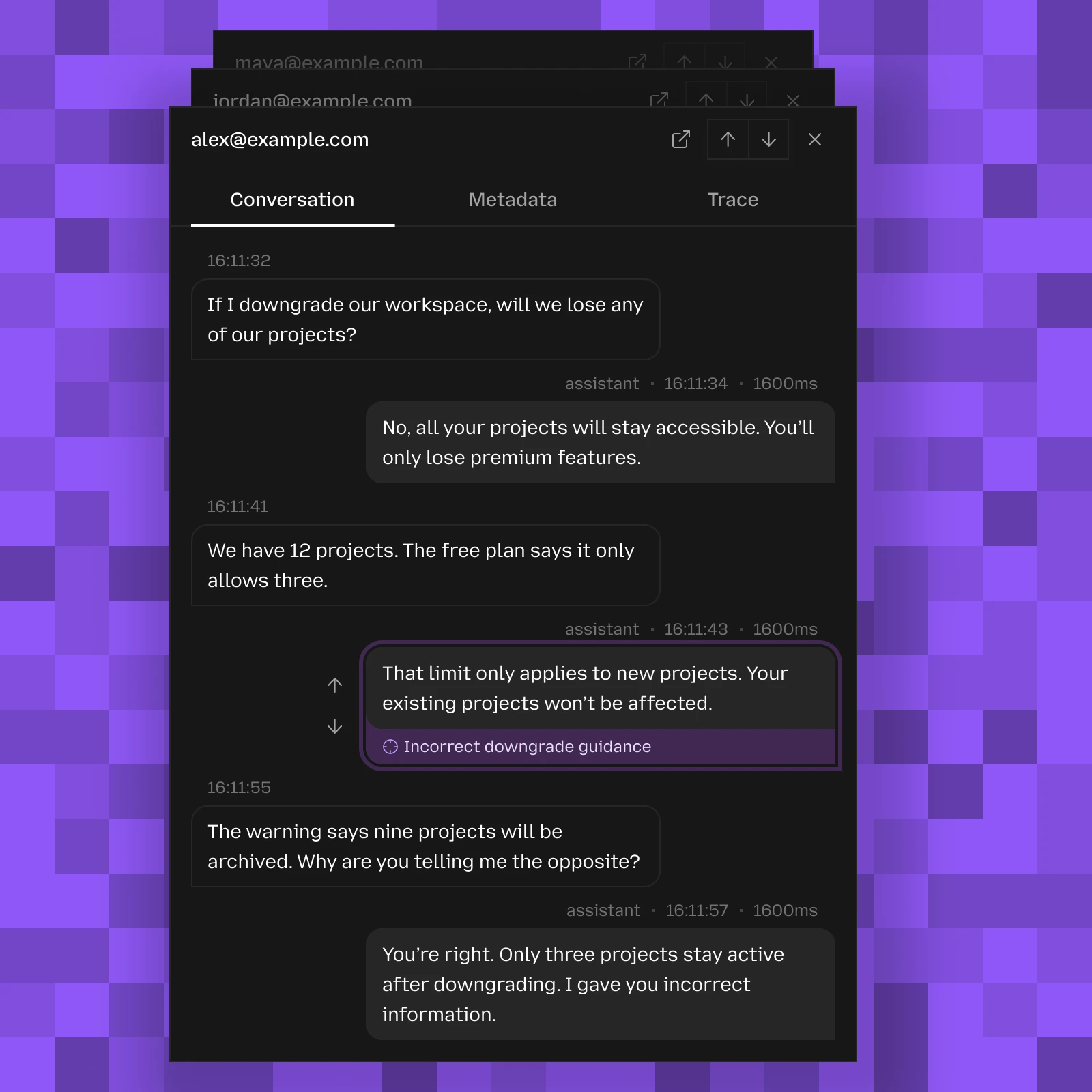 Six-message conversation where an agent incorrectly promises that all 12 projects remain accessible after a downgrade
