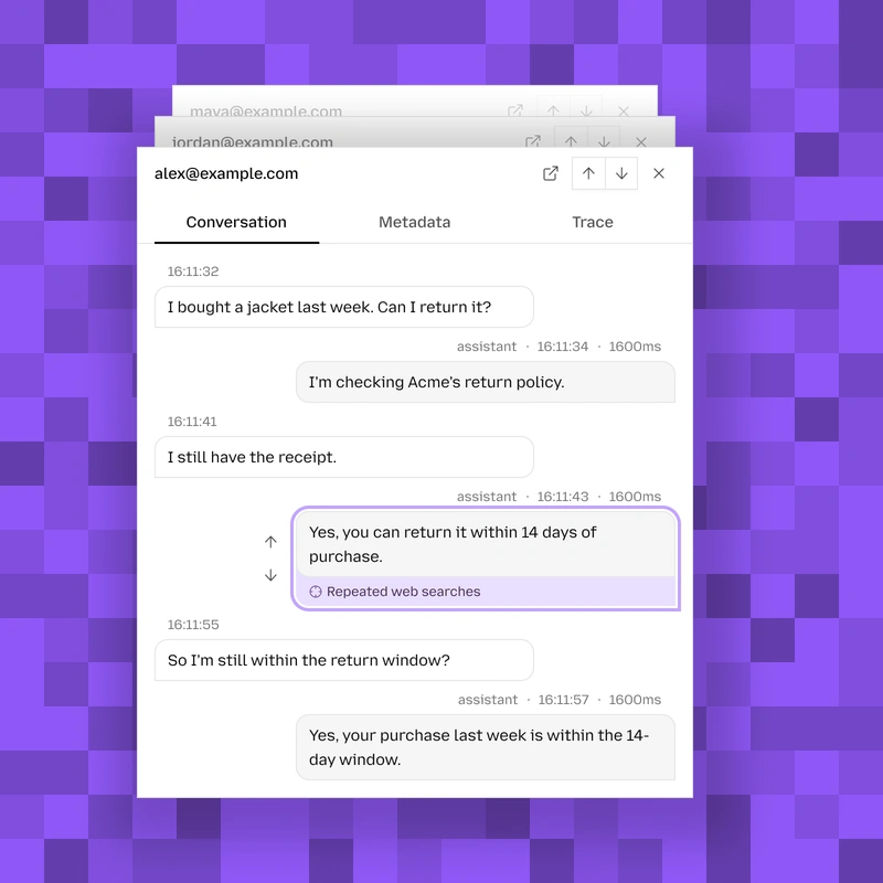 Illustrative run evidence: a customer asks whether a jacket bought last week can be returned. The agent makes three identical web searches before answering 14 days, adding two unnecessary tool calls.