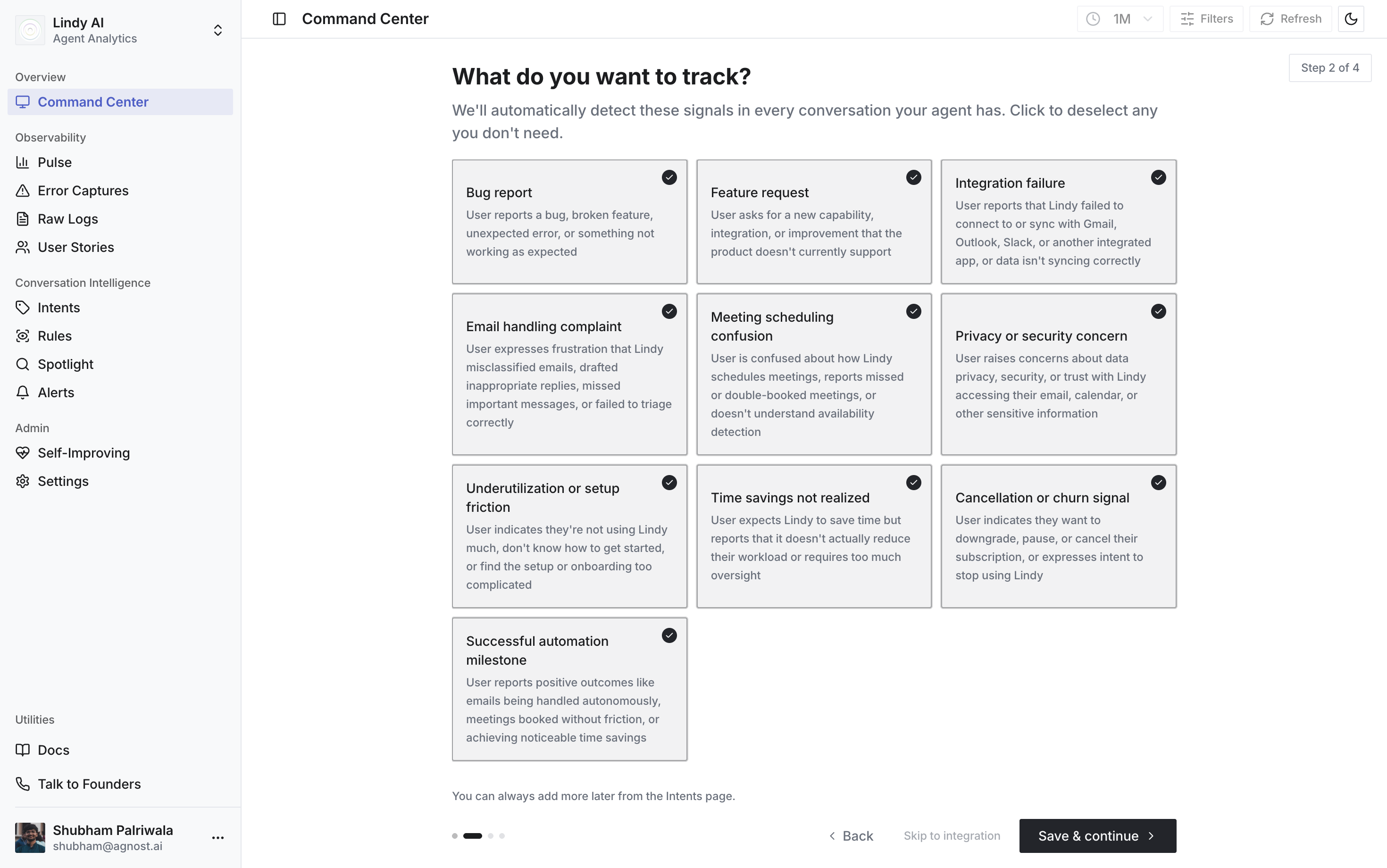 Agnost AI onboarding screen generating custom intents for an AI agent, including bug reports, feature requests and churn risk